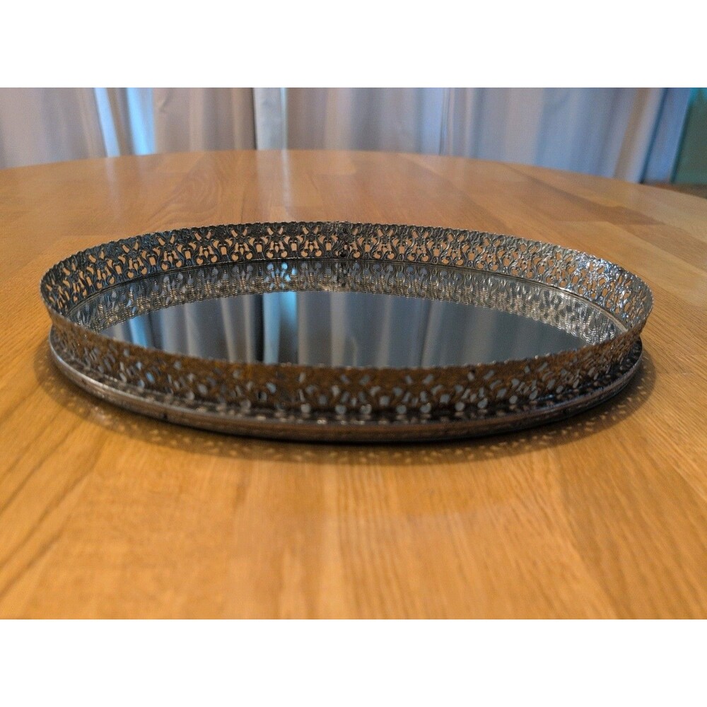 Vintage MCM Oval Silver Toned Vanity Mirror Tray Hollywood Regency Filigree 13x9
